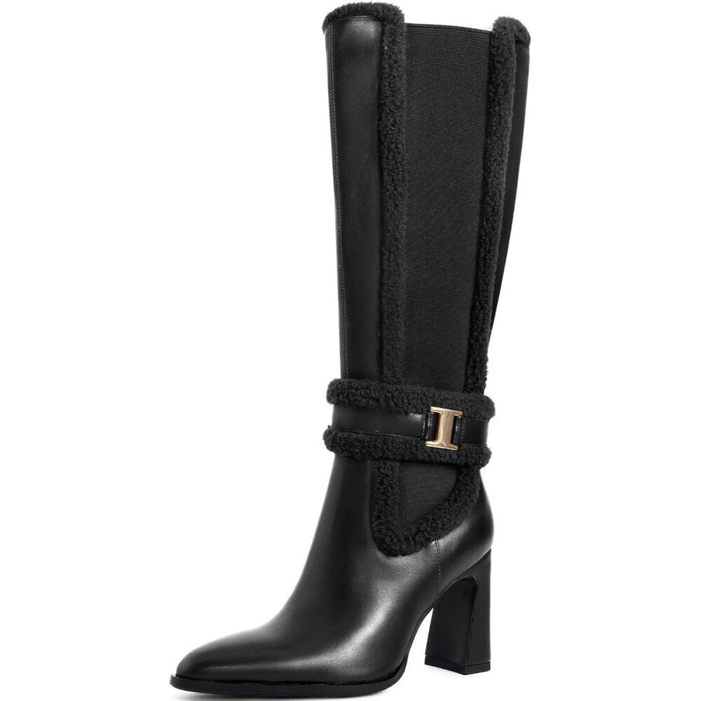 Women's Black Chunky Block High Heels Pointed Toe Winter Snow Knee High Boots